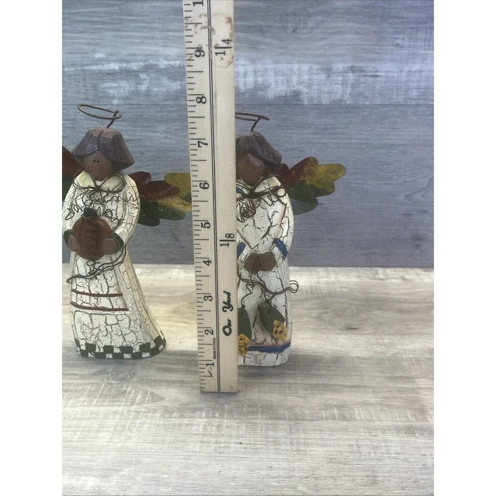Folk Art Wood & Metal Angels Harvest Autumn Pumpkins Corn Cobs Vtg Decor Lot 2